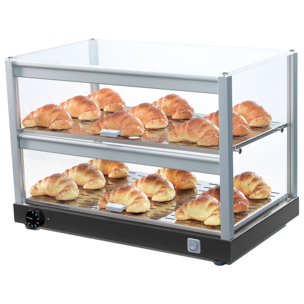 Virtus Beheizte Vitrine mit 2 Ebenen und gerader Frontverglasung, +70°C