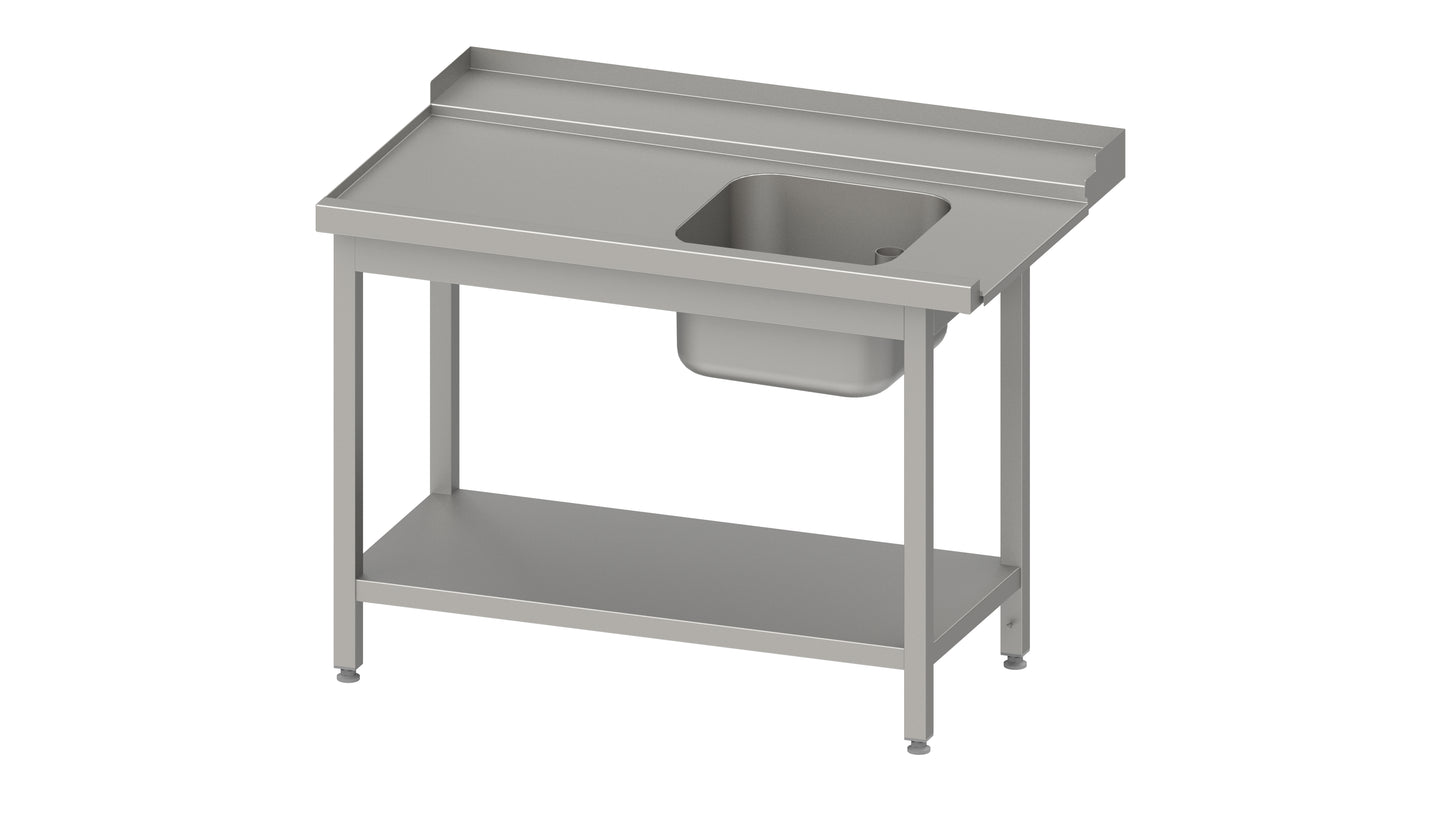 Stalgast Zulauftisch, Korbführung mit Gefälle, mit Grundboden mit einem Becken 1300x750x880 mm, Anbauseite links, mit Aufkantung, verschweißt