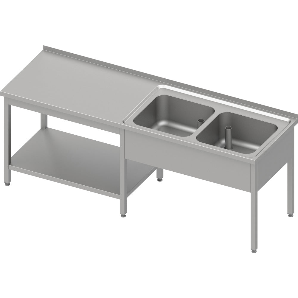 Stalgast Cheftisch mit Grundboden unter der Arbeitsfläche, mit zwei Becken rechts 1900x600x850 mm, mit Aufkantung, verschweißt
