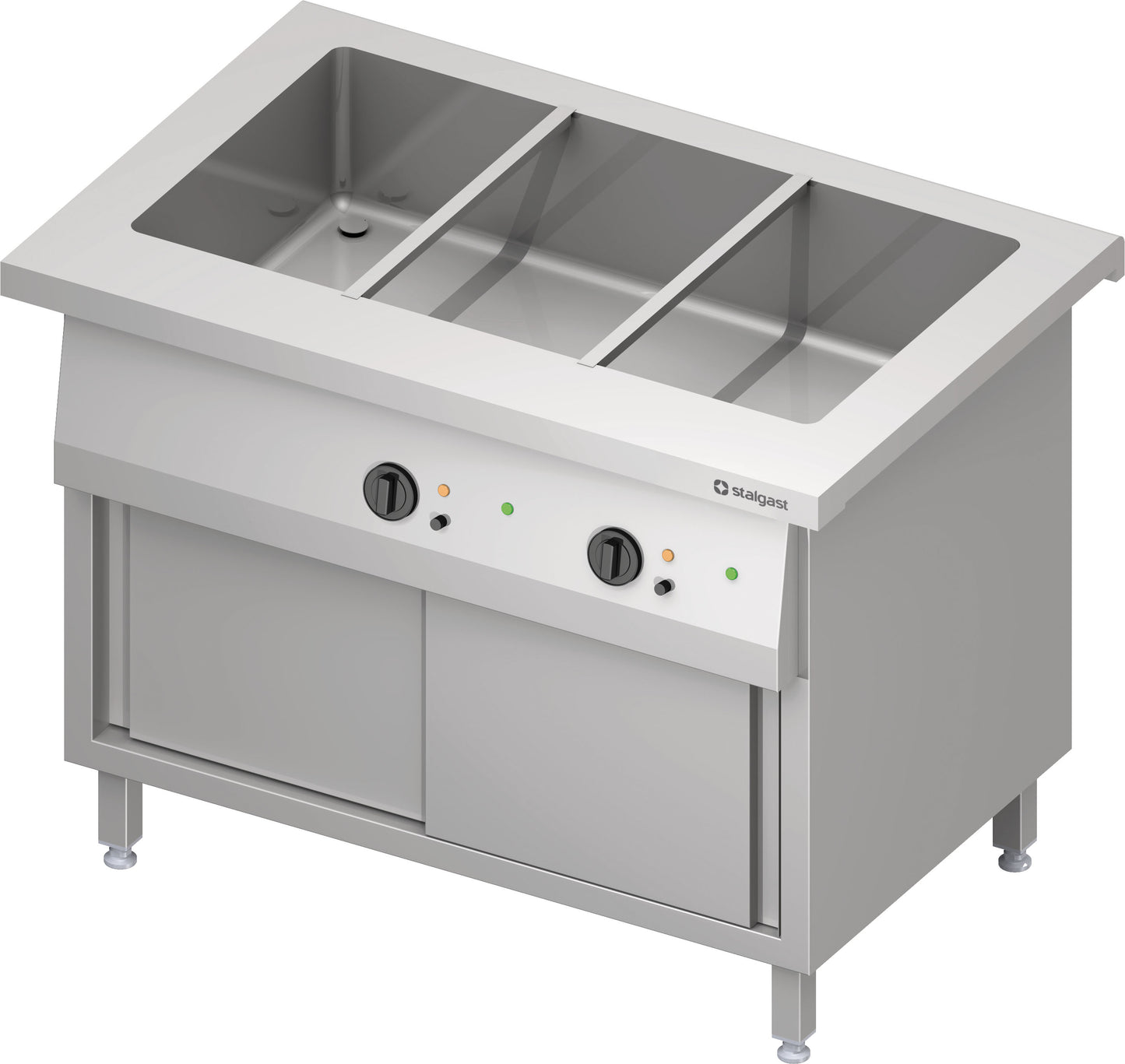 Stalgast Bain-Marie-Station "Free Flow" mit einem Becken 3x GN1/1, Wärmeschrank und Schiebetüren, 1132x750x880 mm Edelstahlabdeckung