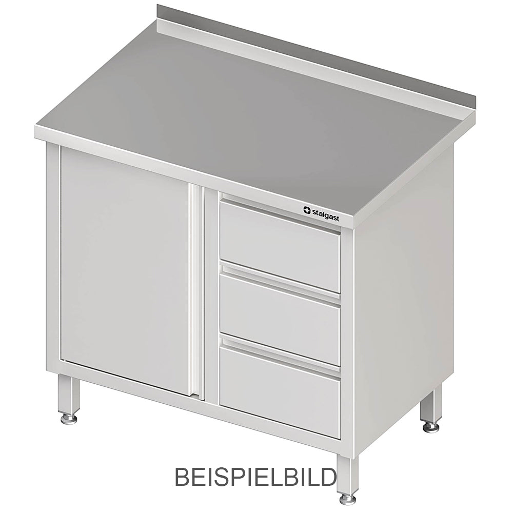 Stalgast Arbeitsschrank mit Flügeltür, 1000x700x850 mm, mit 3er Schubladenblock rechts, ohne Aufkantung, verschweißt