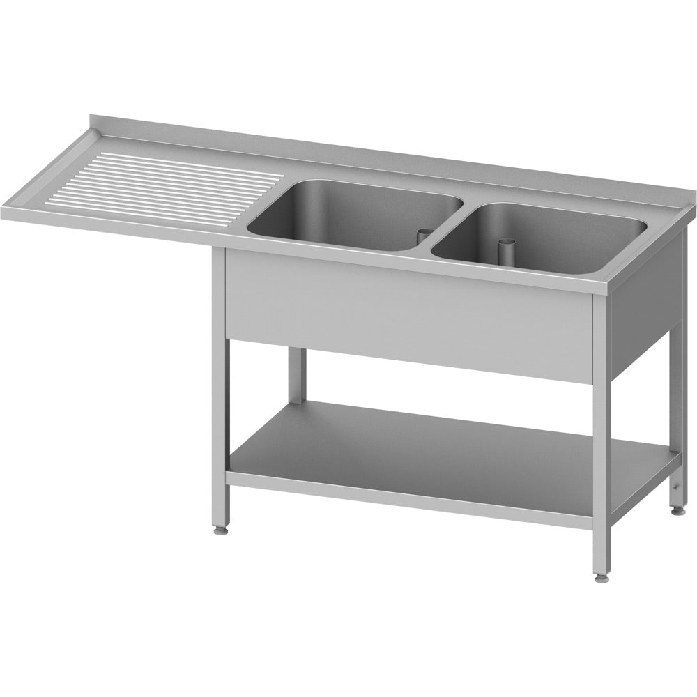 Stalgast Spültisch mit Grundboden, und Überstand, 1700x600x900 mm, mit zwei Becken rechts, mit Aufkantung, verschweißt