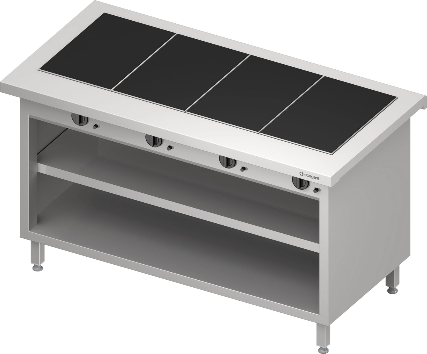 Stalgast Warmausgabe "Free Flow" mit 4 Wärmeplatten aus Glaskeramik und offenem Unterschrank 1465x750x880 mm, Edelstahlabdeckung
