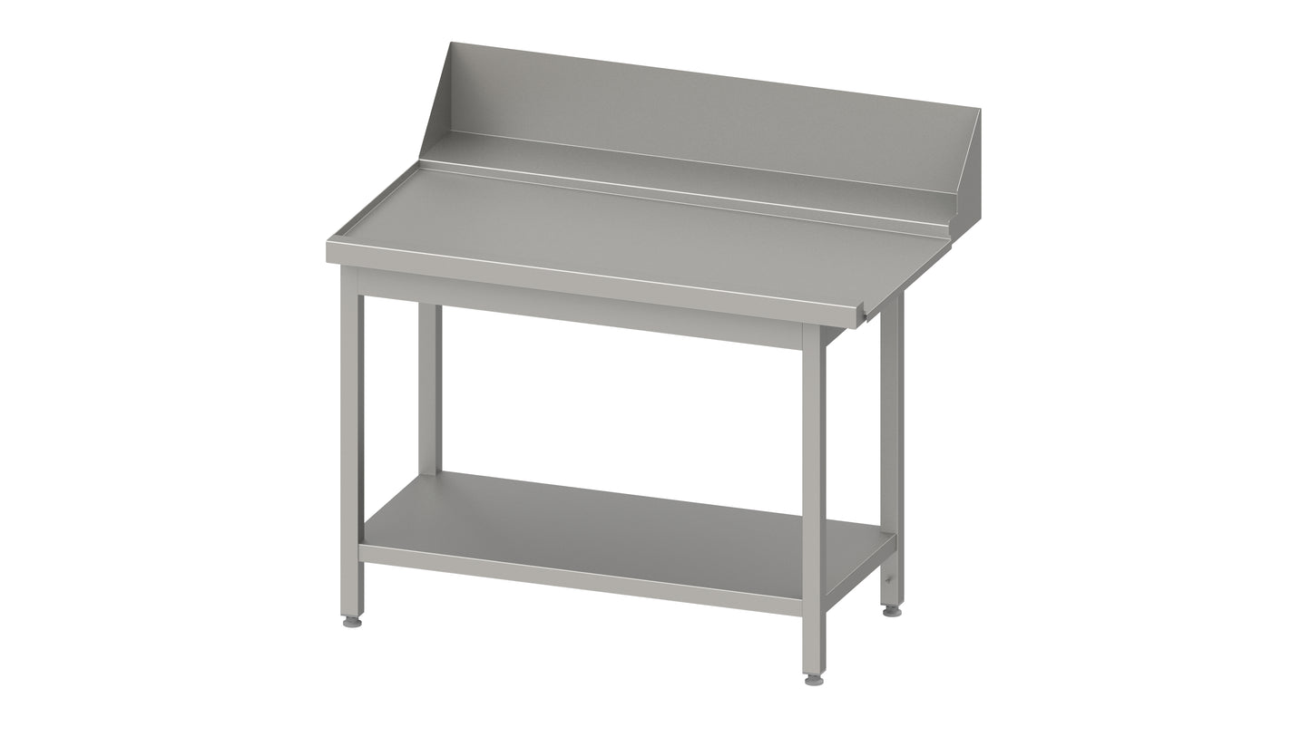 Stalgast Ablauftisch "PRO", Korbführung mit Gefälle, mit Grundboden 1500x750x880 mm, Anbauseite links, mit Aufkantung 200 mm und Beckenblende, verschweißt