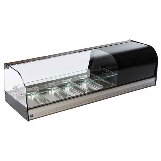 Virtus Tapaskühltheke mit gebogener Frontverglasung und 1 Glasboden, 4x GN 1/3 H=40 mm