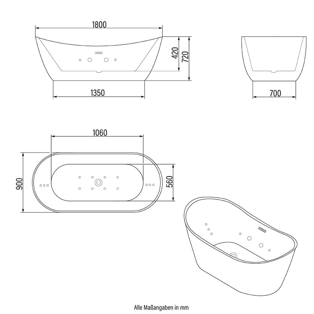 Home Deluxe Freistehende Badewanne mit Whirlpoolfunktion OVALO PLUS - 180 x 90 cm