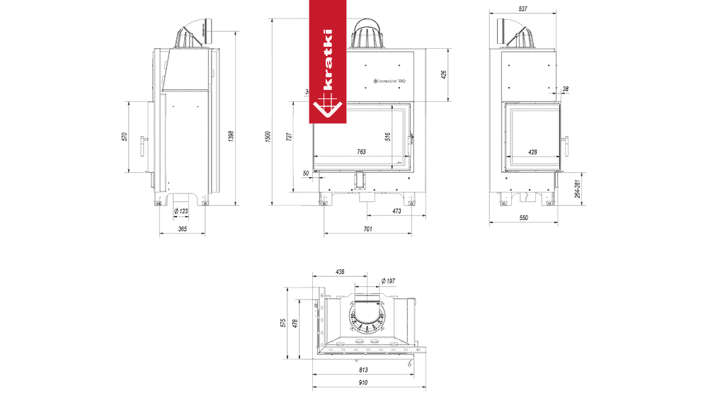 Kratki Kamineinsatz aus Stahl KRATKI MBA links 17 kW Ø 200 mit Türfeder
