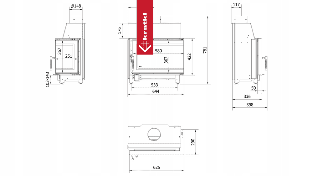 Kratki Stahlkamin mit Schließung KRATKI SIMPLE rechts 6 kW