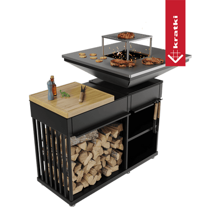 Kratki Kamin QUADRUM mit Grill mit Holzplatte