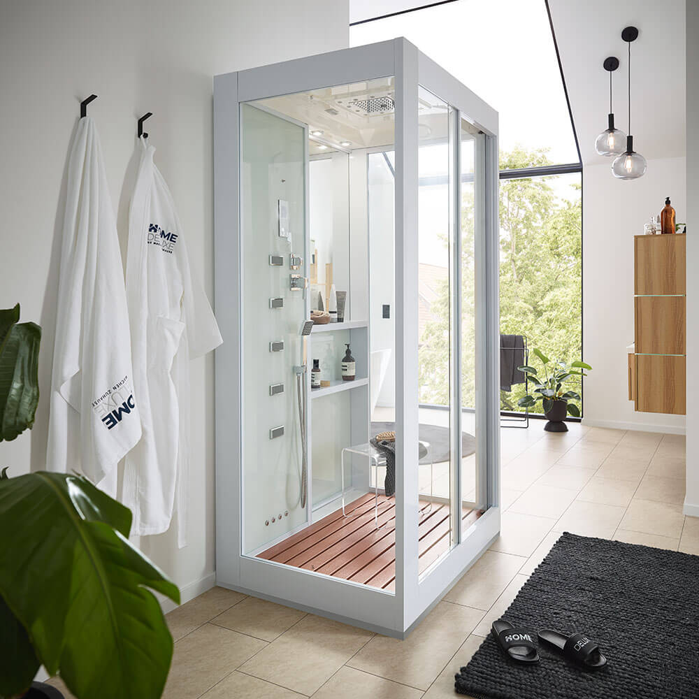 Home Deluxe Dampfdusche mit Wasserfall und Dampfsauna LUXORY - 120 x 90 cm Weiß