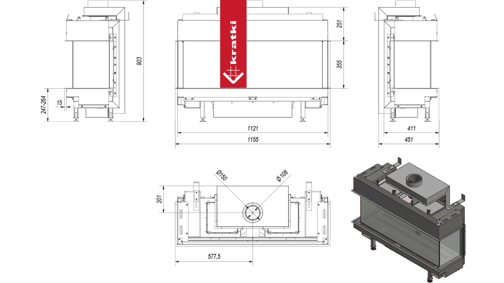 Kratki Gaskamin KRATKI LEO 100 dreiseitig Erdgas ? 100/150 8,3 kW
