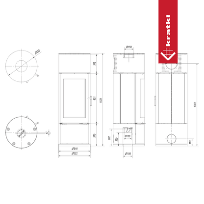 Kratki Kaminofen aus Stahl KRATKI ANTARES Ø 150 10 kW schwarz Verkleidung