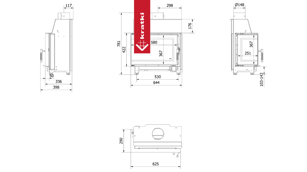 Kratki Kamineinsatz aus Stahl KRATKI SIMPLE links 6 kW Ø 150 schwarz Verkleidung