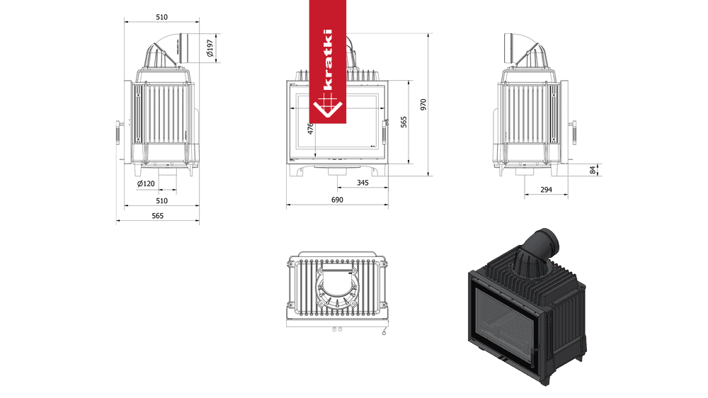 Kratki Kamineinsatz Gusseisen KRATKI FRANEK DECO 12 kW Ø 200