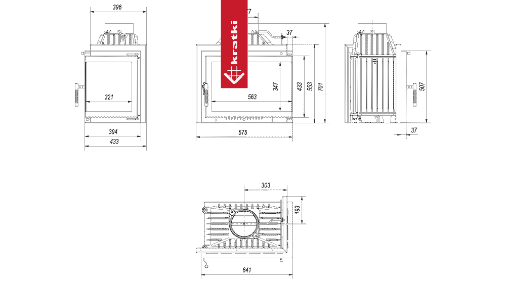Kratki Kamineinsatz Gusseisen KRATKI SIMPLE rechts 8 kW Ø 180