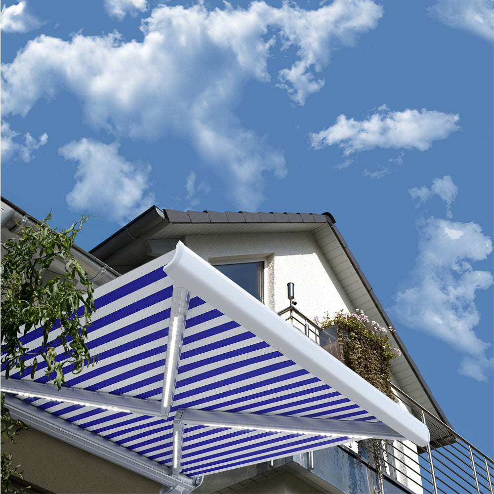 Home Deluxe LED Vollkassettenmarkise elektrisch ELOS - 350 x 250 cm Marineblau-weiß