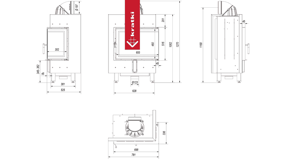 Kratki Intelligenter Kamineinsatz KRATKI LUCY SLIM rechts 8 kW Ø 160 schwarz Verkleidung MSK GLASS