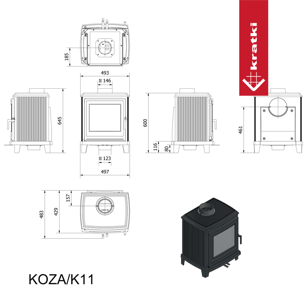 Kratki Gußeisen Kaminofen KRATKI K11 Ø 150 6 kW