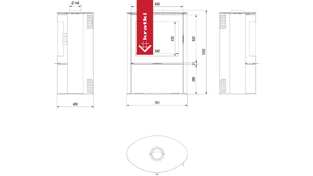 Kratki Piec stalowy kaflowy AB/S/2 Ø 150 10 kW czarny kafel czarne wyłozenie