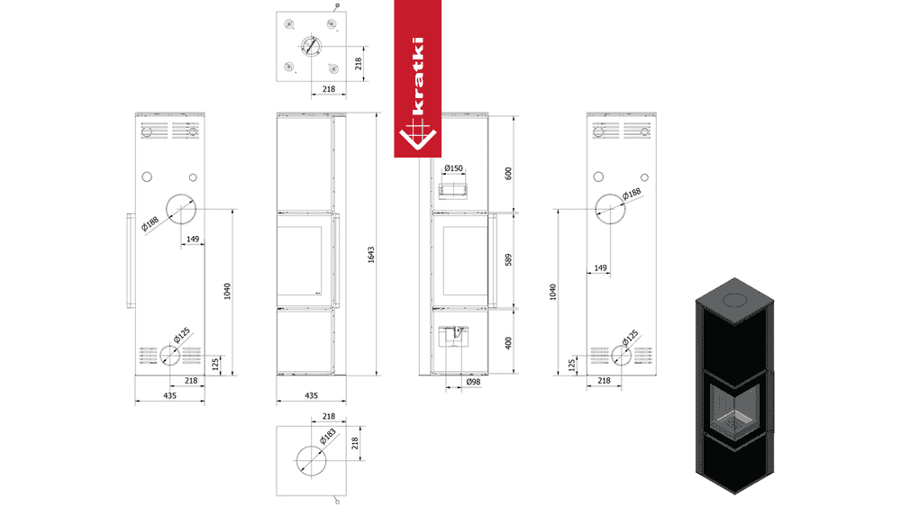 Kratki Kaminofen aus Stahl KRATKI TORA/L 8 kW Ø 150 Quarzsinter Nero Assoluto