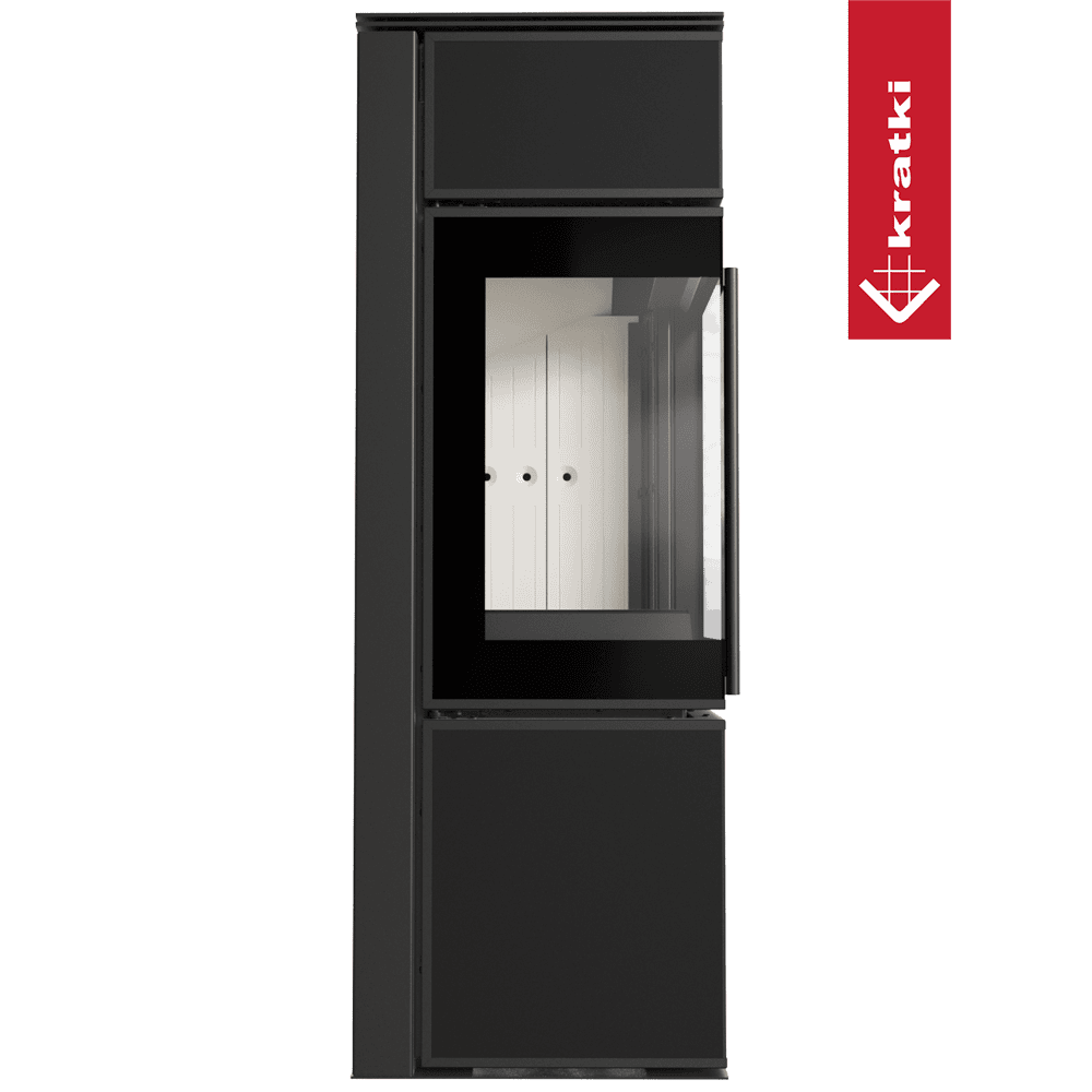 Kratki Kaminofen aus Stahl KRATKI TORA/S 8 kW Ø 150 Quarzsinter Nero Assoluto mit Türfeder