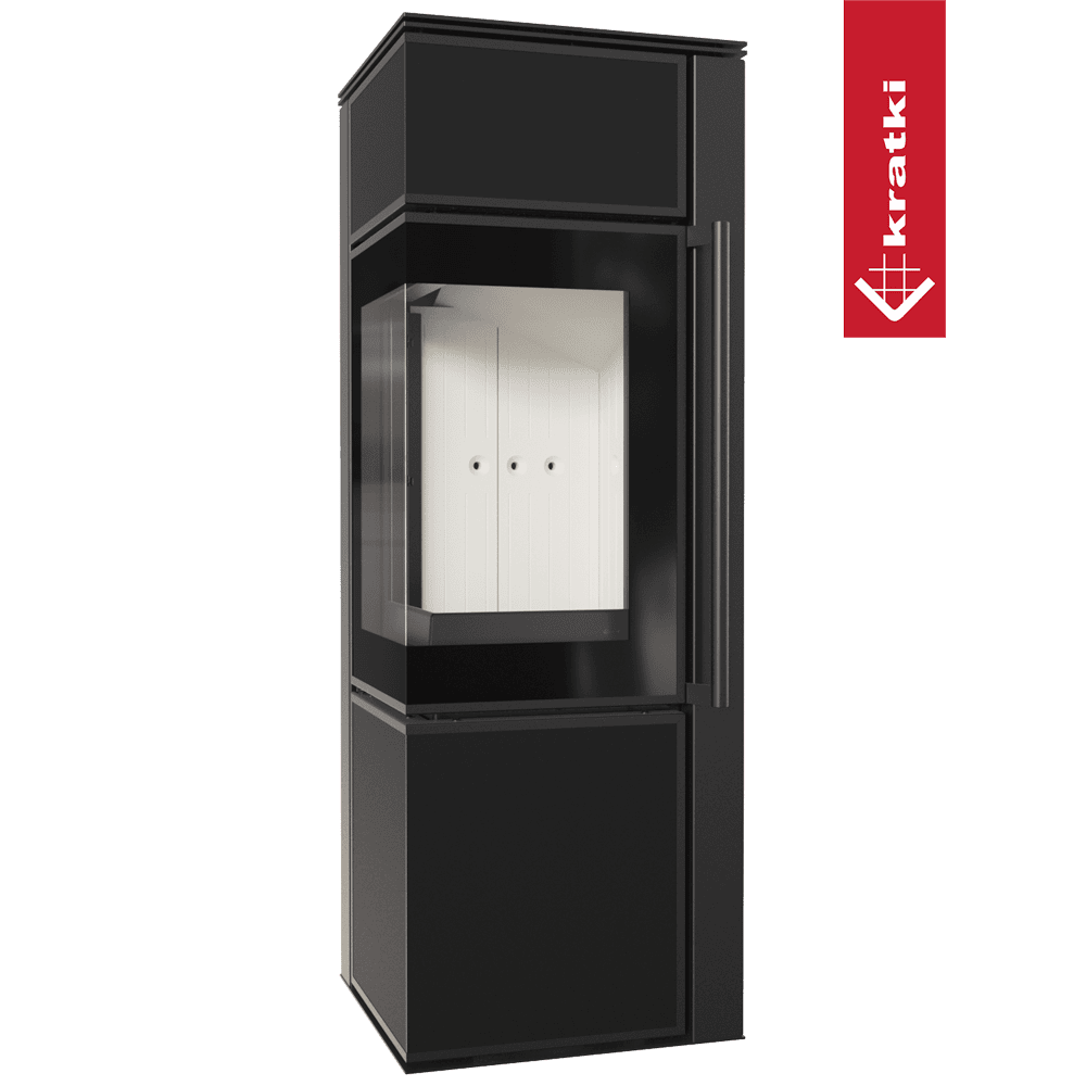 Kratki Kaminofen aus Stahl KRATKI TORA/S 8 kW Ø 150 Quarzsinter Nero Assoluto mit Türfeder