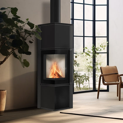 Kratki Kaminofen aus Stahl KRATKI TORA/M 8 kW Ø 150 Quarzsinter Nero Assoluto mit Türfeder