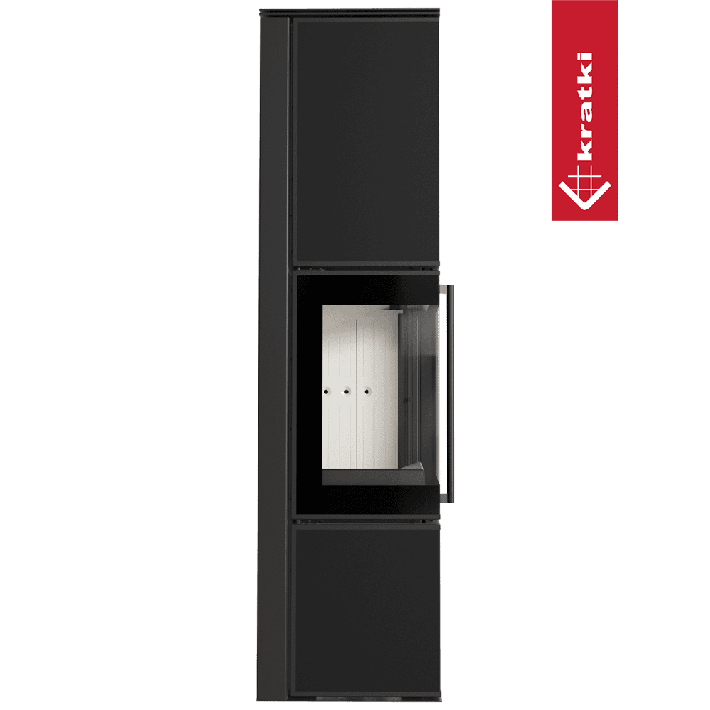 Kratki Kaminofen aus Stahl KRATKI TORA/L 8 kW Ø 150 Quarzsinter Nero Assoluto mit Türfeder