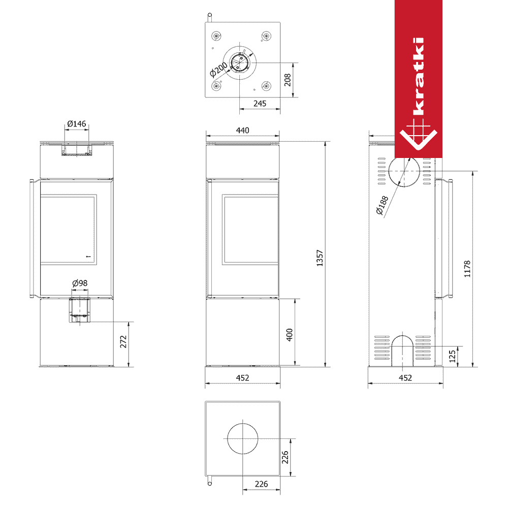 Kratki Kaminofen aus Stahl KRATKI REN/S rechts Ø 150 7 kW
