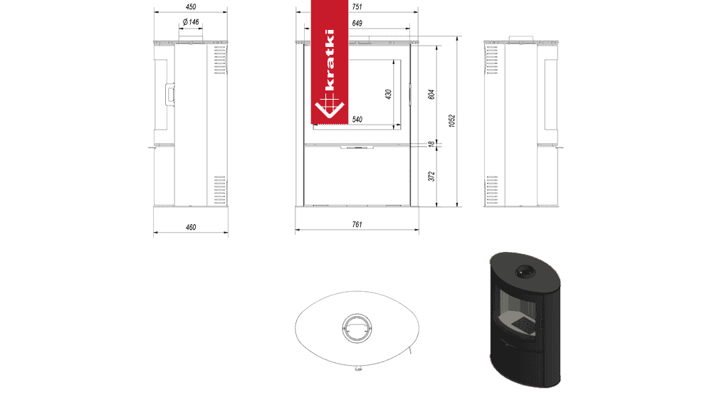 Kratki Kaminofen aus stahl KRATKI AB S/2 Ø 150 10 kW mit Türfeder schwarz Verkleidung