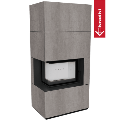 Kratki Kaminbausatz KRATKI FLOKI BOX links 8 kW Ø 160 Quarzsinter NATURALI PIETRA DI SAVOIA GRIGIA BOCCIARDATA