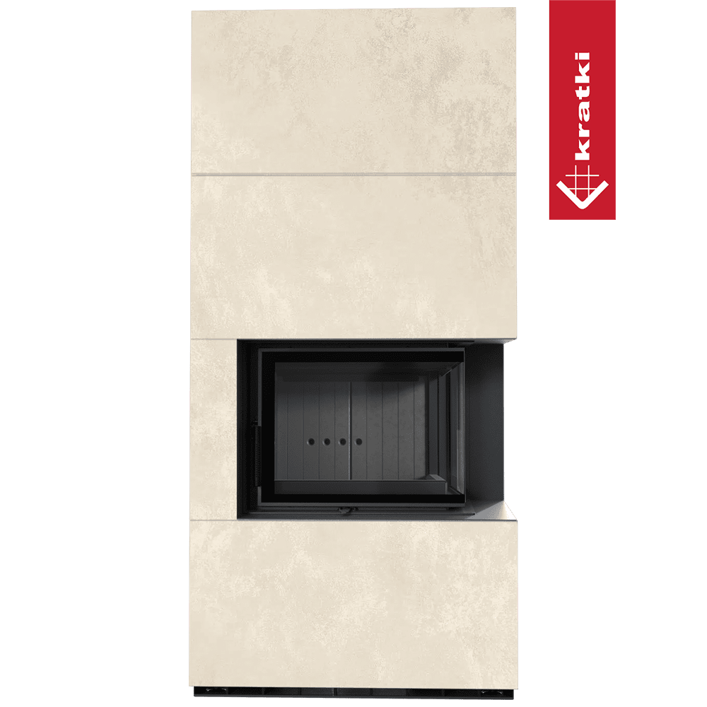 Kratki Kaminbausatz KRATKI FLOKI BOX rechts 8 kW Ø 160 Quarzsinter OXIDE BIANCO schwarz Verkleidung