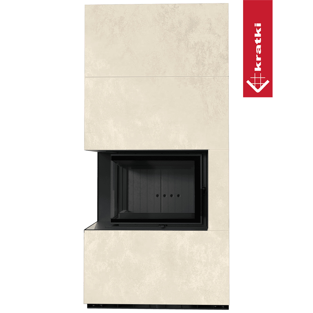 Kratki Kaminbausatz KRATKI FLOKI BOX links 8 kW Ø 160 Quarzsinter OXIDE BIANCO schwarz Verkleidung