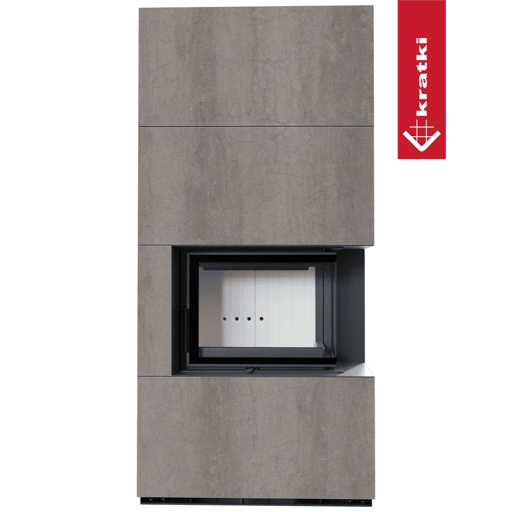 Kratki Kaminbausatz KRATKI FLOKI BOX rechts 8 kW Ø 160 Quarzsinter NATURALI PIETRA DI SAVOIA GRIGIA BOCCIARDATA