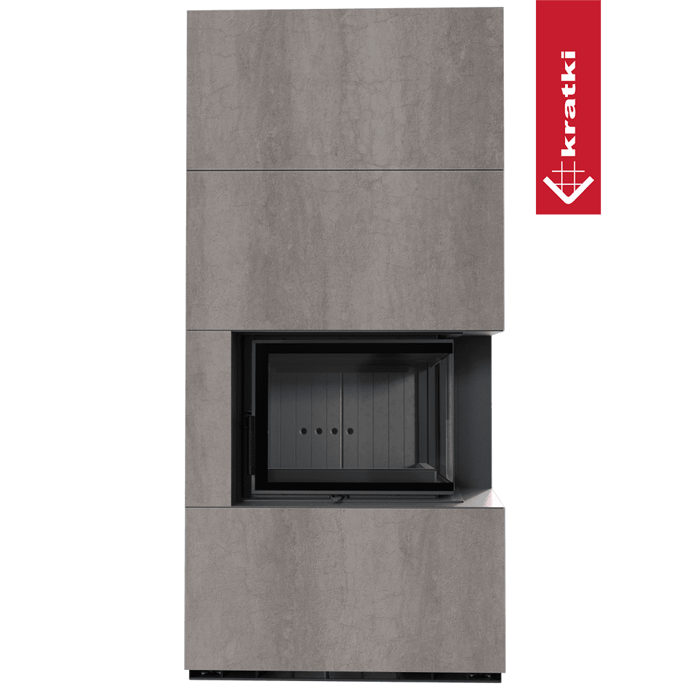 Kratki Kaminbausatz KRATKI FLOKI BOX rechts 8 kW Ø 160 Quarzsinter NATURALI PIETRA DI SAVOIA GRIGIA BOCCIARDATA schwarz Verkleidung