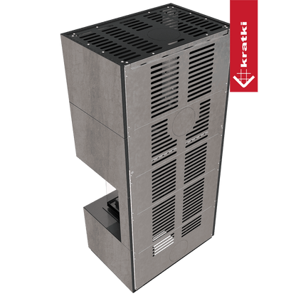 Kratki Kaminbausatz KRATKI FLOKI BOX rechts 8 kW Ø 160 Quarzsinter NATURALI PIETRA DI SAVOIA GRIGIA BOCCIARDATA schwarz Verkleidung