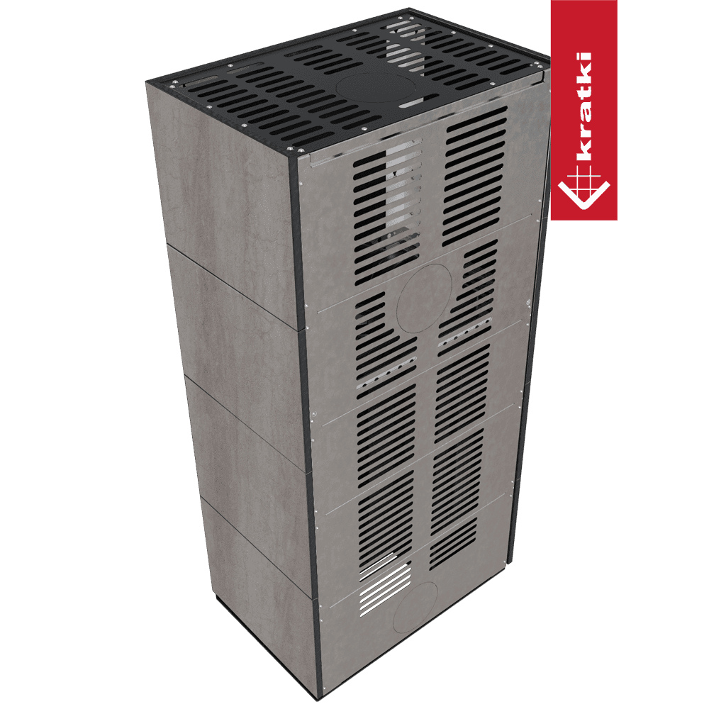 Kratki Kaminbausatz KRATKI FLOKI BOX links 8 kW Ø 160 Quarzsinter NATURALI PIETRA DI SAVOIA GRIGIA BOCCIARDATA schwarz Verkleidung