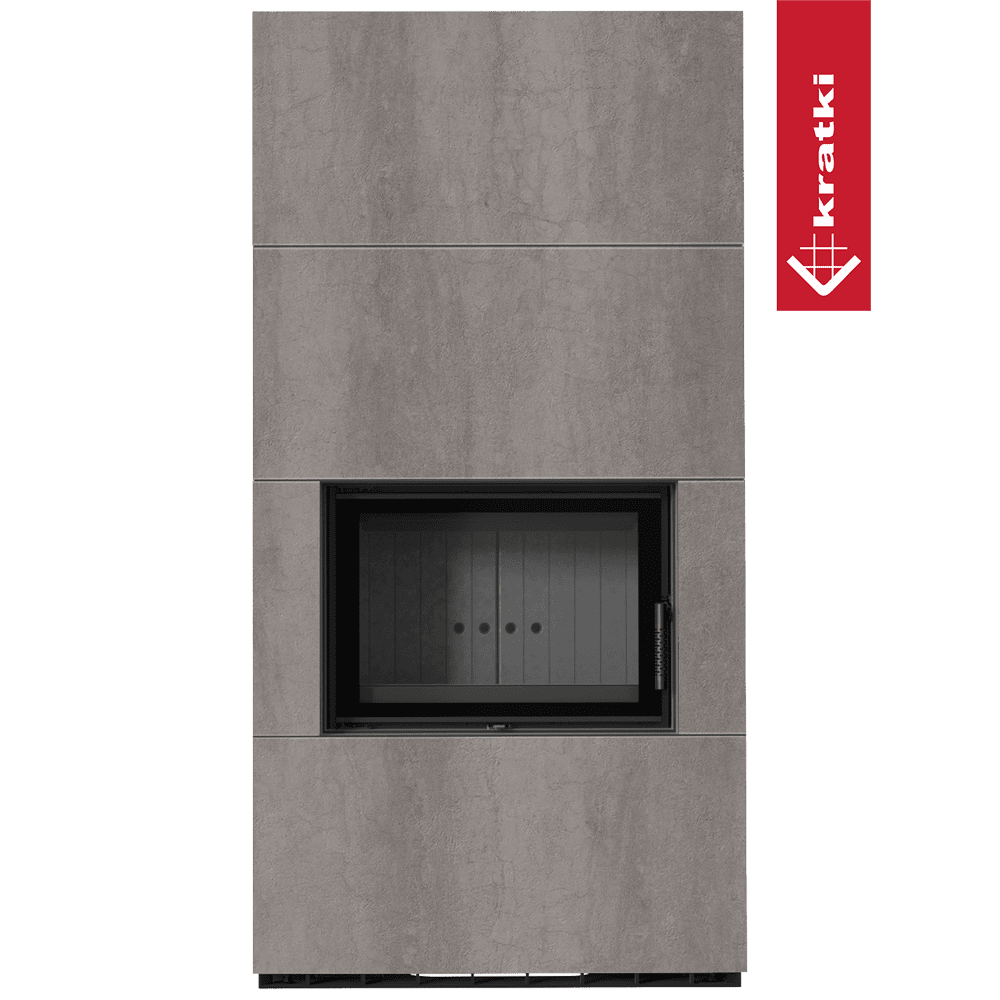 Kratki Kaminbausatz KRATKI FLOKI BOX 8 kW Ø 160 Quarzsinter NATURALI PIETRA DI SAVOIA GRIGIA BOCCIARDATA schwarz Verkleidung