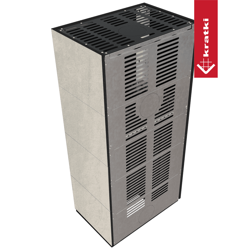 Kratki Kaminbausatz KRATKI FLOKI BOX rechts 8 kW Ø 160 Quarzsinter NATURALI PIETRA DI SAVOIA PERLA BOCCIARDATA schwarz Verkleidung
