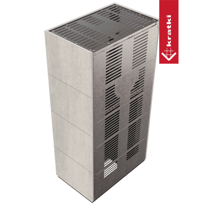 Kratki Kaminbausatz KRATKI FLOKI BOX 8 kW Ø 160 Quarzsinter NATURALI PIETRA DI SAVOIA PERLA BOCCIARDATA schwarz Verkleidung