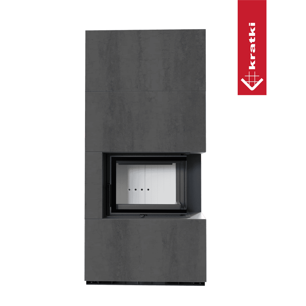 Kratki Kaminbausatz KRATKI FLOKI BOX rechts 8 kW Ø 160 Quarzsinter NATURALI PIETRA DI SAVOIA ANTRANCITE BOCCIARDATA