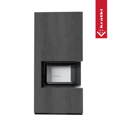 Kratki Kaminbausatz KRATKI FLOKI BOX rechts 8 kW Ø 160 Quarzsinter NATURALI PIETRA DI SAVOIA ANTRANCITE BOCCIARDATA