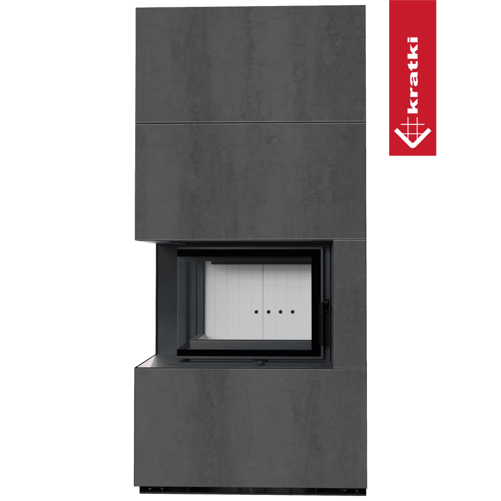 Kratki Kaminbausatz KRATKI FLOKI BOX links 8 kW Ø 160 Quarzsinter NATURALI PIETRA DI SAVOIA ANTRANCITE BOCCIARDATA