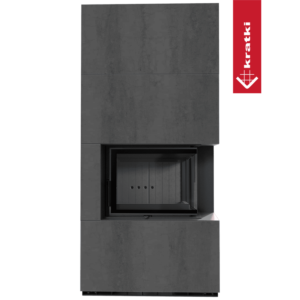 Kratki Kaminbausatz KRATKI FLOKI BOX rechts 8 kW Ø 160 Quarzsinter NATURALI PIETRA DI SAVOIA ANTRANCITE BOCCIARDATA schwarz Verkleidung