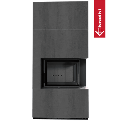 Kratki Kaminbausatz KRATKI FLOKI BOX rechts 8 kW Ø 160 Quarzsinter NATURALI PIETRA DI SAVOIA ANTRANCITE BOCCIARDATA schwarz Verkleidung
