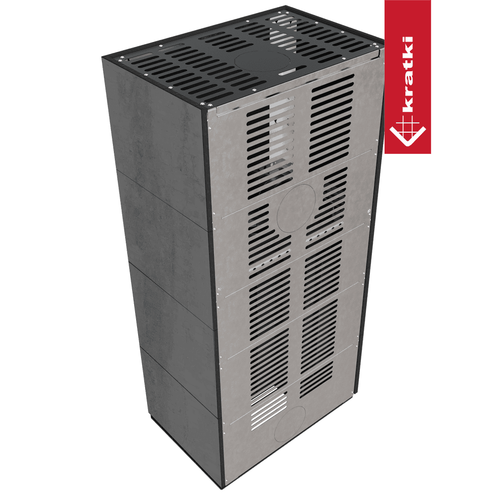 Kratki Kaminbausatz KRATKI FLOKI BOX rechts 8 kW Ø 160 Quarzsinter NATURALI PIETRA DI SAVOIA ANTRANCITE BOCCIARDATA schwarz Verkleidung