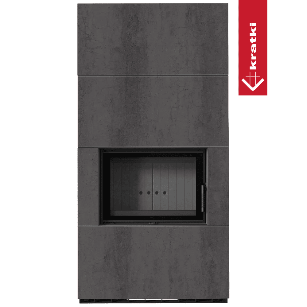 Kratki Kaminbausatz KRATKI FLOKI BOX 8 kW Ø 160 Quarzsinter NATURALI PIETRA DI SAVOIA ANTRANCITE BOCCIARDATA schwarz Verkleidung