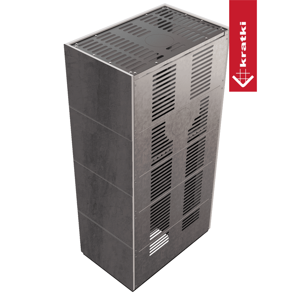 Kratki Kaminbausatz KRATKI FLOKI BOX 8 kW Ø 160 Quarzsinter NATURALI PIETRA DI SAVOIA ANTRANCITE BOCCIARDATA schwarz Verkleidung