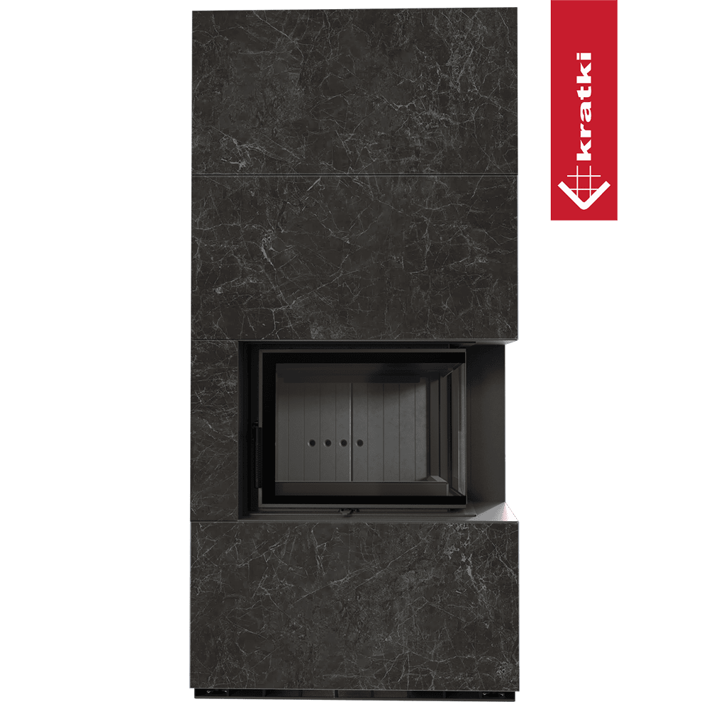 Kratki Kaminbausatz KRATKI FLOKI BOX rechts 8 kW Ø 160 Quarzsinter NATURALI NERO GRECO schwarz Verkleidung