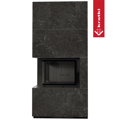 Kratki Kaminbausatz KRATKI FLOKI BOX links 8 kW Ø 160 Quarzsinter NATURALI NERO GRECO schwarz Verkleidung